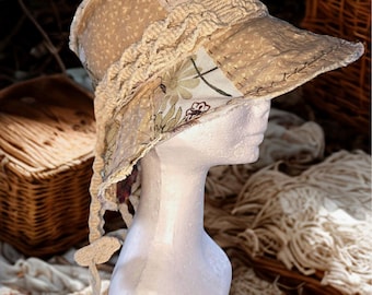 Patchwork and Linen Hat with Macrame Band