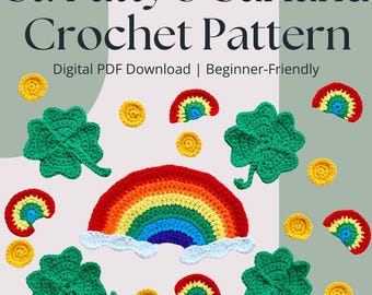 Patrón de guirnalda de crochet para el Día de San Patricio: Trébol, arcoíris y monedas (Descargar PDF)