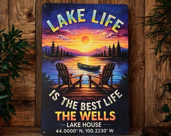Lake House Sign Personalized Family Name Custom Metal Aluminum Outdoor Waterfront Property Gift Retirement Cabin Wall Art Mountain Sunset