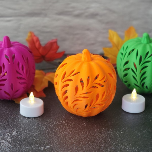 Halloween Decor Ideas Fall Decoration Ambient Light LED Pumpkin Tealight Holder Seasonal Accent Room Display Orange Gourd Carved Design
