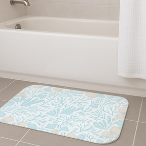Coastal Bathroom Decor Beach Bathroom Mat Memory Foam Bath Rug Anti Slip Backing Powder Blue Seashell Pattern Ocean Theme Soft Microfiber
