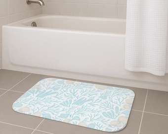 Coastal Bathroom Decor Beach Bathroom Mat Memory Foam Bath Rug Anti Slip Backing Powder Blue Seashell Pattern Ocean Theme Soft Microfiber