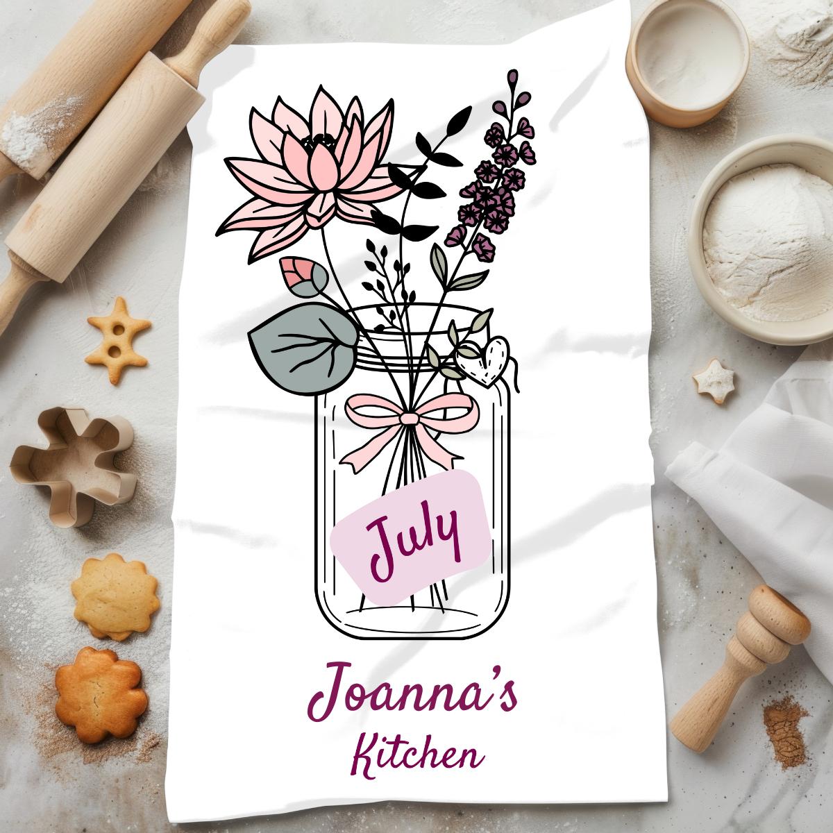 Personalized Kitchen Tea Towel Custom Name Present for Birthday Month July Floral Design Purple Birth Flower Decor Home Gift Kitchen Set