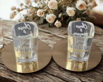 Wedding Shot Glass Personalized Couple Gift Engagement Party Keepsake Mountain Theme Adventure Celebration Bride Groom Present Anniversary