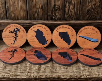 Wooden Lake Coaster Custom Map Personalized Coordinates Bubinga Wood Drink Protection Cabin Decor Family Name Gift Idea Lake House Rare