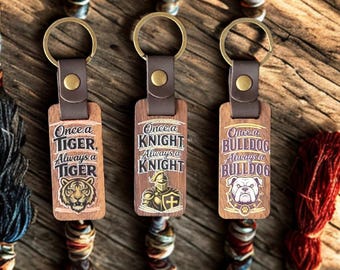 Graduation Gift Keychain Wooden Mascot Alumni Keepsake Personalized Year Engraved Brass Ring Holder Leather Strap Accessory Backpack Charm