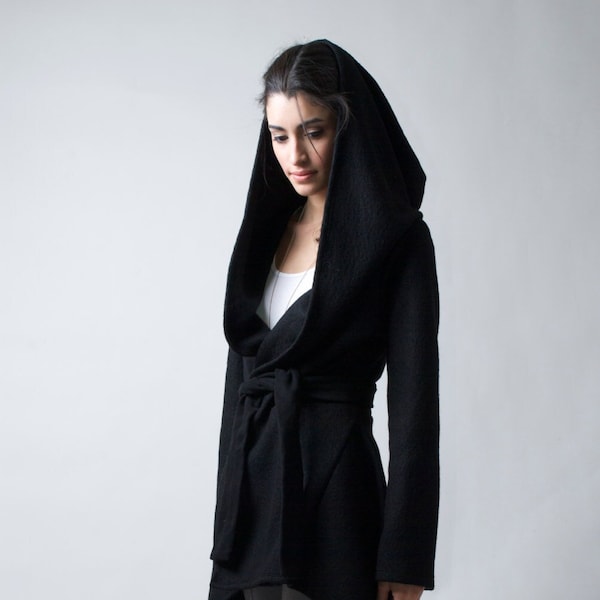 FINAL SALE Black Coat with Hood, Hoodie Cardigan, Sweater Hoodie, Black Wool Blend Jacket, Belted Jacket, Shiloh Jacket, Marcella - MC0075