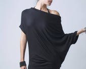 Asymmetric Party Blouse Cocktail Top Black Tunic Oversize Blouse Off Shoulder Top Designer Blouse Marcellamoda - MB0014