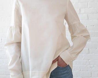 専用⭐︎Puff Sleeve Collar Blouse (Cream) ♡ Cream Rolled Collar Blouse Vintage Puff Sleeve Blouse Womens