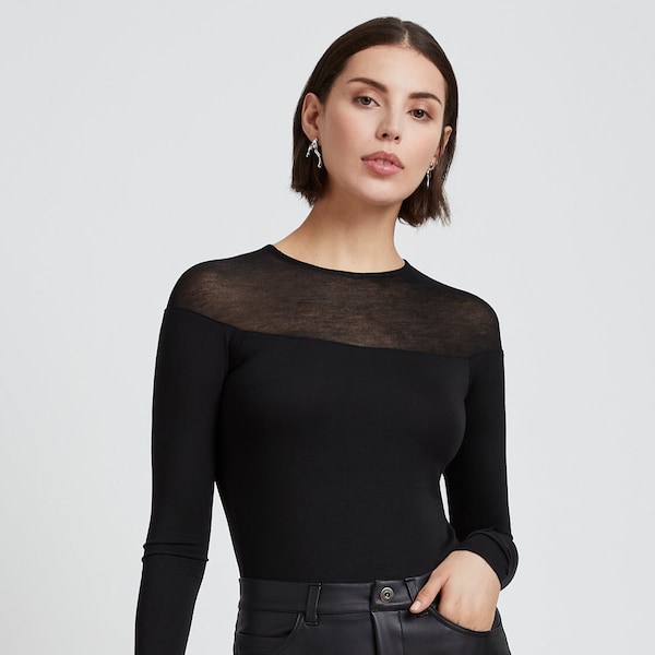 Crew Neck Long Sleeve Top, Fitted Two Toned Top, Sheer Insert Top, Sheer Neckline, Extra Long Sleeves Top, Pearl Top, Marcella - MB1763