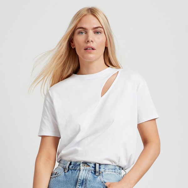 Oversized T-Shirt, Cutout Top, Boxy Cropped Tee, Short Sleeve Shirt, White T-Shirt, Women's Shirt, Leonie Tee, Marcella - MB1816