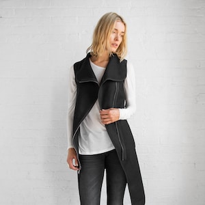 FINAL SALE Black High Collar Wool Vest, Asymmetric Zipper Vest, Asymmetric Zipper Vest, Long Wool Vest, Kendra Vest, Marcella - MC0745