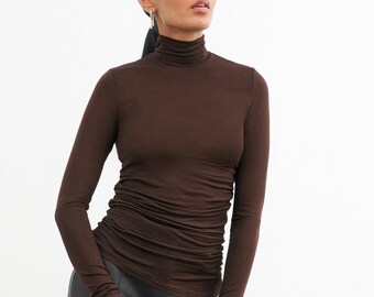 Sheer Fitted Mockneck Top with Thumbholes, Sheer Brown Top, Fitted Long Sleeve, Ruched Top, Skye Mock Neck Top, Marcella - MB2093