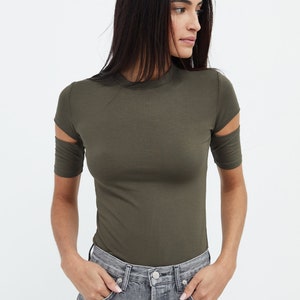 Cutout Top, Fitted Top, Cut Out Sleeves, Slit Sleeves, Crew Neck Tee, Stretchy Top, Short Sleeve Tee, Esme Top, Marcella MB1443 Olive 43-A