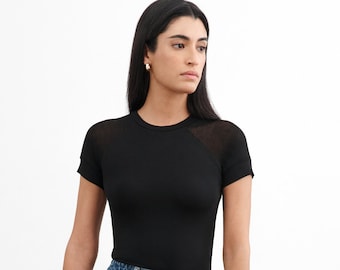 Black Sheer Sleeve Tee, Short Sleeved Top, Fitted Baby Tee, Sheer Paneled Top, Fitted T-Shirt, Harling Tee, Marcella - MB2092