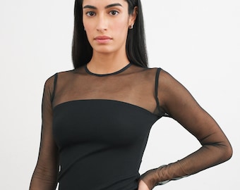 Mesh Cocktail Blouse, Long Sleeve Top, Mesh Sleeve Top, Minimalist Top, Fitted Black Top, Modern Top, Astra Mesh Top, Marcella - MB2103