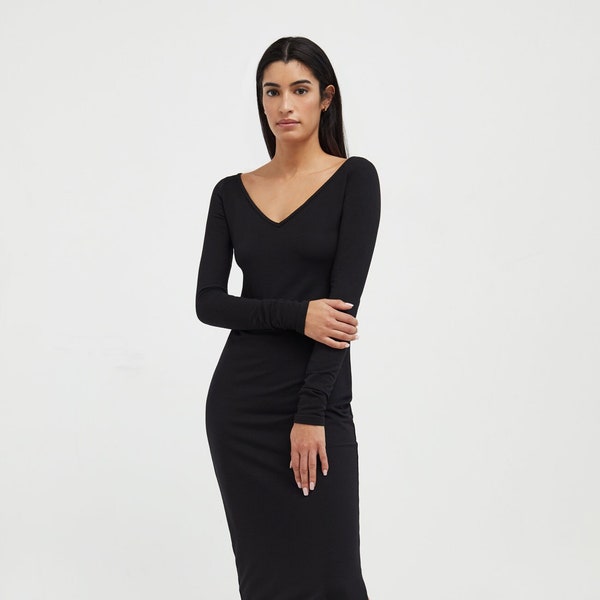 Black Casual Dress, Long Sleeved Dress, Sweatshirt Dress, Black Dress, Fitted Sweatshirt Dress, Barrow Dress, Marcella - MD1887