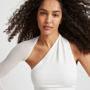White Mesh Sleeve Top, One Shoulder Wrap Top, Asymmetrical One Sleeve Top, Backless Top, Manhattan Mesh Sleeve Top, Marcella - MB0001