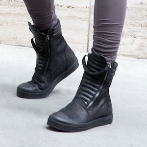 Suede Minimalist Boots, Suede Zip Up Boots, Double Zipper Leather Sneaker Boots, Black Boots, Zipper Shoes, Karma Boots, Marcella - MS1205