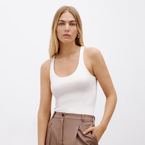 Off White Tank, Stretchy Tank Top, Fitted Sleeveless Tee, Perfect Basic Tank, Layering Tank, Casual Top, Bowery Tank, Marcella - MB2120