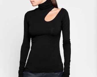 High-Neck Blouse, Cut-Out Mock Neck Top, Fitted Turtleneck Long Sleeve Top, Asymmetrical Cold Shoulder Top, Allegra Top, Marcella - MB0863