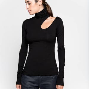 High-Neck Blouse, Cut-Out Mock Neck Top, Fitted Turtleneck Long Sleeve Top, Asymmetrical Cold Shoulder Top, Allegra Top, Marcella - MB0863