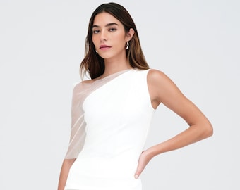 NEW Off White Cocktail Top, Asymmetric Evening Top, Dressy Top, Off Shoulder Blouse, Sleeveless Cocktail Top, Zinnia Top, Marcella - MB2292