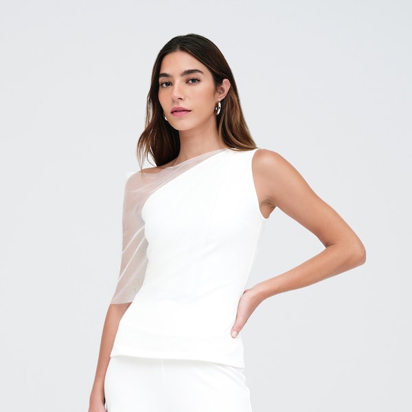 NEW Off White Cocktail Top, Asymmetric Evening Top, Dressy Top, Off Shoulder Blouse, Sleeveless Cocktail Top, Zinnia Top, Marcella - MB2292