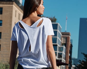 White Oversized T-Shirt, Cutout Back Top, Short Sleeve Shirt, White TShirt, Edgy Tee, Women's Shirt, Felix Top, Marcella - MB1986