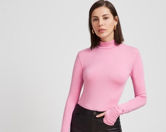 Pink Fitted Mock Neck Top with Thumbholes, Bright Pink High Neck Top, Long Sleeve Top, Fitted Long Sleeve Tee, Addy Top, Marcella - MB1874