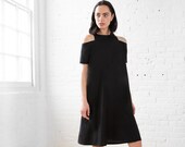 NEW Casual Cold-Shoulder Dress Black Midi Dress Short Sleeve Dress Evening Dress Designer Dress Marcellamoda - MD1241