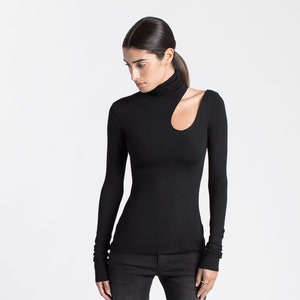 Cutout Top, Black Sexy Top, Women's Clothing, Casual Long Sleeve Top ...