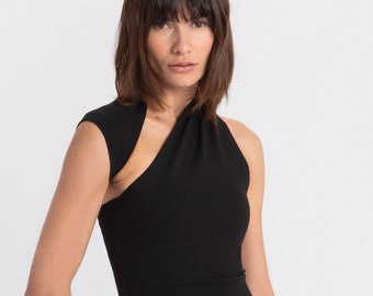 One Shoulder Top, Asymmetric Sleeveless Top, Fitted Black Cocktail Top, Open Back Blouse, Manhattan Sleeveless Top, Marcella - MB0806