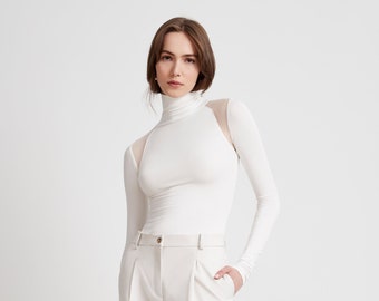 Off White Long Sleeve Top, Mesh Cutout Shirt, Cocktail Top, Dressy Blouse, White Dressy Top, Turtleneck, Maria Top, Marcella - MB0966