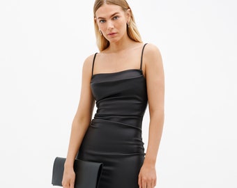 Vegan Leather Dress, Faux Leather Midi Dress, Sleeveless LBD, Fitted Black Dress, Rockefeller Slip Dress, Marcella - MD2141