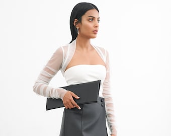 Off-White Mesh Cocktail Shrug, Durchsichtig Bolero, Langarm Mesh Shrug, Kurze, taillierte Jacke, Madison Bolero, Marcella - MC2101