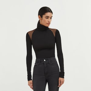 Cold Shoulder Turtleneck, Long Sleeve Shirt, Mesh Cutout Top, Black Jersey Shirt, Designer Top, Maria Top, Marcella - MB0966