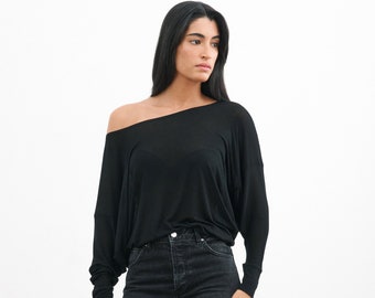 Sheer Black Top, Off Shoulder Top, Drapey Top, Long Sleeve Top, Boatneck Top, Batwing Sleeves, Echo Batwing Top, Marcella - MB0046