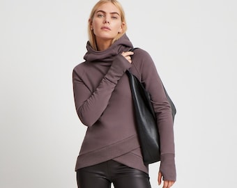 Anthracite Tulip Hem Hoodie, Hooded Sweatshirt, Sweatshirt with Extra Long Sleeves, Fitted Sweatshirt, Geneva Sweatshirt, Marcella - MB1613