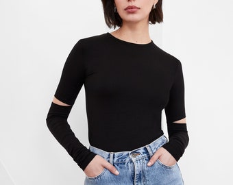 Cut Out Sleeve Top, Long Sleeve Fitted Top, Elbow Cutout Top, Crew Neck Tight Top, Unique Cut Out Tee, Indra Top, Marcella - MB1759