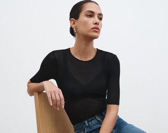 Sheer Crewneck Tee, Classic Fitted T Shirt, Black Half Sleeve Tee, Stretchy Fitted Top, Half Sleeves,  Sheer Frankie Top, Marcella - MB1810