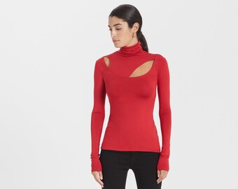 Neckline Cut-Out Blouse, Fitted Turtleneck Top, Long Sleeve Blouse, Mock Neck Blouse, Dahlia Top, Marcella - MB0935