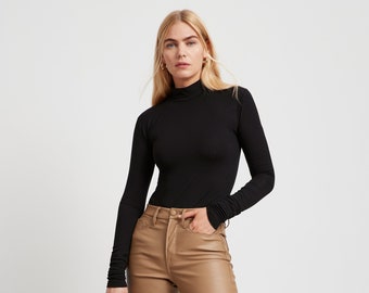 Fitted Mock Neck Top with Thumbholes, Black High Neck Top, Long Sleeve Top, Fitted Long Sleeve Tee, Addy Top, Marcella - MB1874