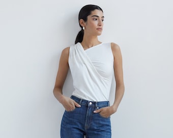 Sleeveless Gathered Top, Blouse with Asymmetrical Neckline, Summer Top, Unique Cocktail Top, Brooklyn Top, Marcella - MB1701