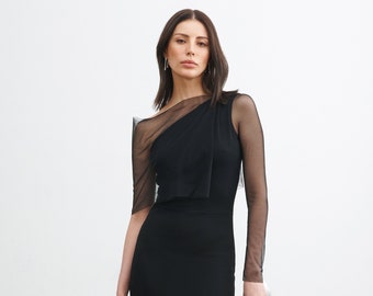 Black Formal Dress, Floor Length Gown, Fitted Evening Dress with Mesh Sleeve, One Shoulder Dress, Cocktail Gown, Valeria Dress, MD0738