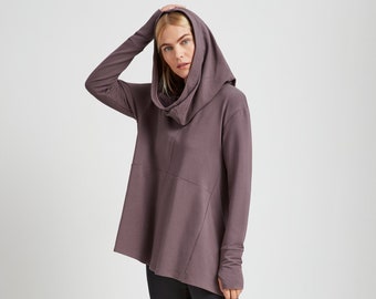 Oversized Hoodie Tunic, Asymmetrical Hem Sweatshirt, Comfortable Cowl Neck Top, Hooded Sweatshirt, Firenze Sweatshirt, Marcella -MB1471