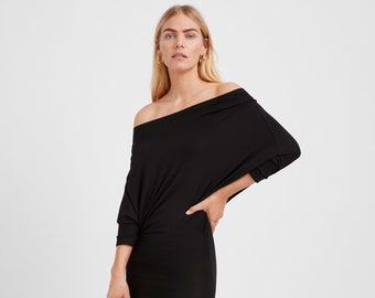 Black Batwing Midi Dress, Off Shoulder Dress, Asymmetric Dress, Cold Shoulder Dress, Casual Dress, Julia Dress, Marcella - MD1996