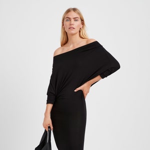 Black Batwing Midi Dress, Off Shoulder Dress, Asymmetric Dress, Cold Shoulder Dress, Casual Dress, Julia Dress, Marcella - MD1996