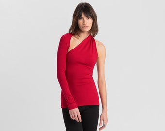 Ein Ärmel-Wickeltop, Eine-Schulter-Bluse, Top mit tiefem Rücken, Elegantes Winter-Cocktail-Top, Manhattan One-Shoulder-Top, Marcella - MB0001