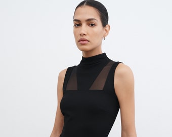 Mesh Cutout Dress, Midi Dress, Mockneck Dress, Geometric Cutouts, Sleeveless Cocktail Dress, Amelia Midi Dress, Marcella - MD1976